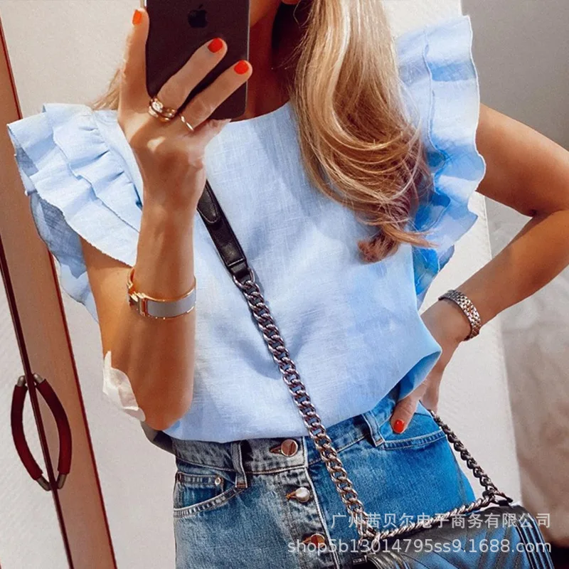 

2021 new round neck ruffle short sleeve top