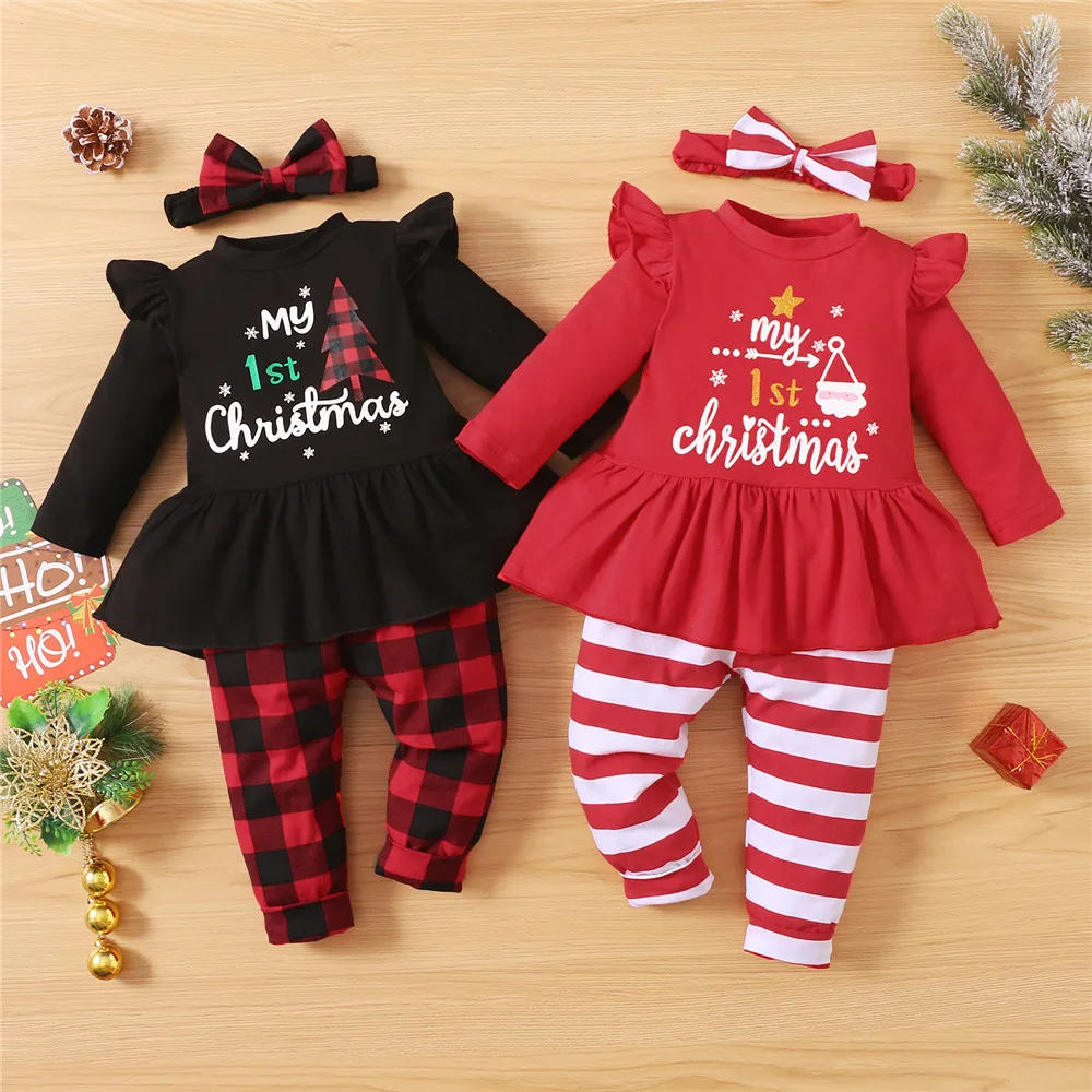 

Комплекты рождественской одежды для маленьких девочек, топ с буквенным принтом, полосатые клетчатые брюки, повязка на голову для малышей 3-18...
