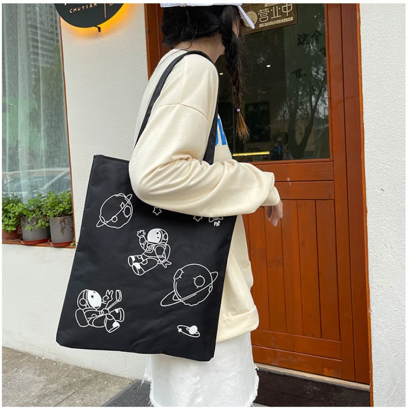 

Ladies Big Capacity Shopping Bag All-match Cartoon Pattern Handbag Foldable Reusable Cloth Shopper Bag Student Canvas Tote Bag