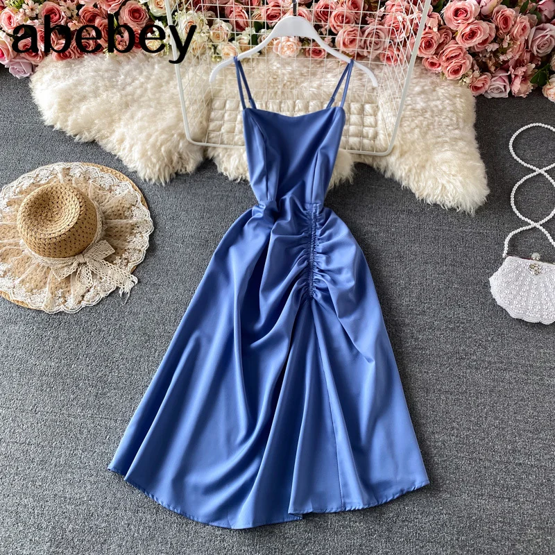 

Женское платье на бретельках с открытой спиной, корейское однотонное ТРАПЕЦИЕВИДНОЕ платье без рукавов с V-образным вырезом, летнее пикантн...