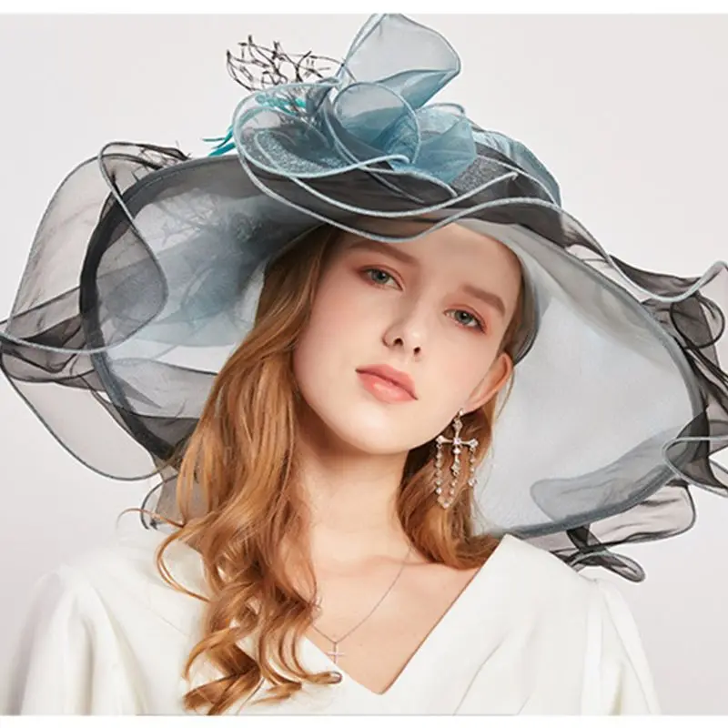 

2020 Women Kentucky Tea Party Church Hat Contrast Color Ruffles Artificial Rose Floral Wide Brim Wedding Fascinator Cap Sun Hat