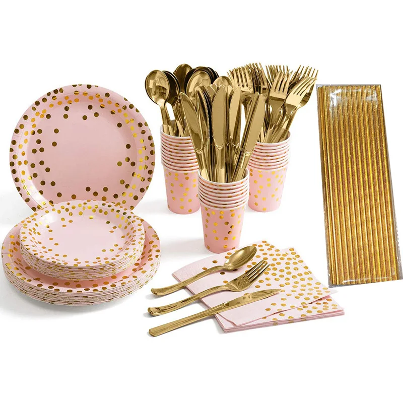 

200pcs disposable DOT gold foil tableware paper party set for wedding birthday baby shower