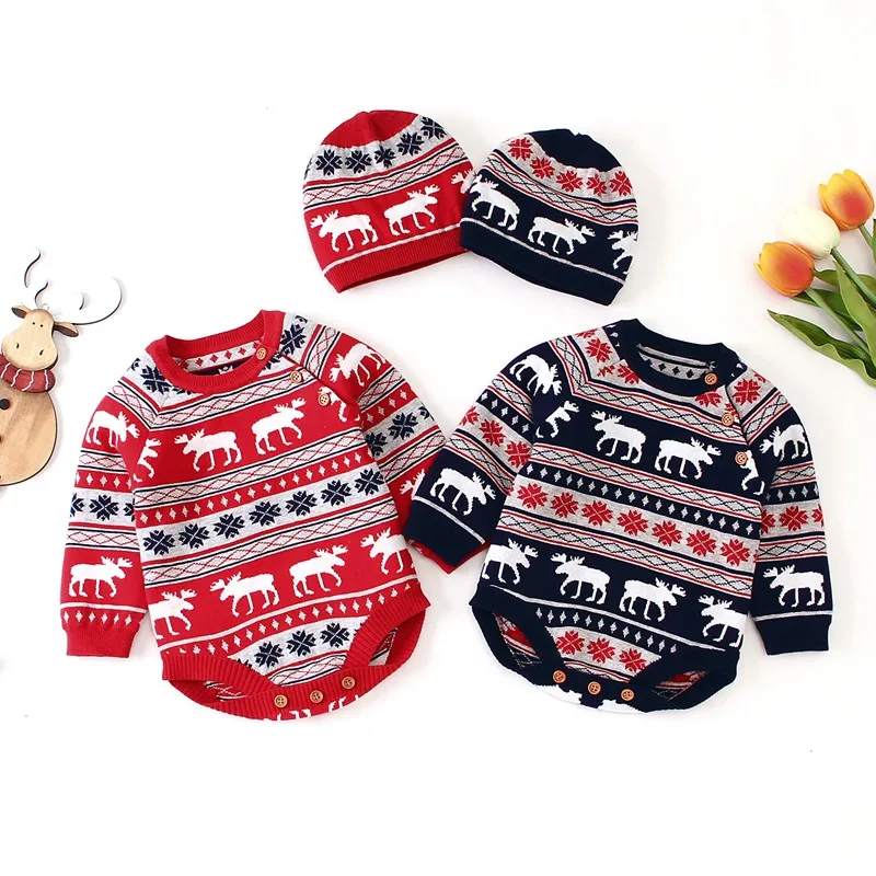 

Newborn Baby Sweater Infant Christmas Clothing Kids Boy Girl Party 100% Cotton Fashion Clothes Sweaters Cap+Bodysuit Clothes Kid