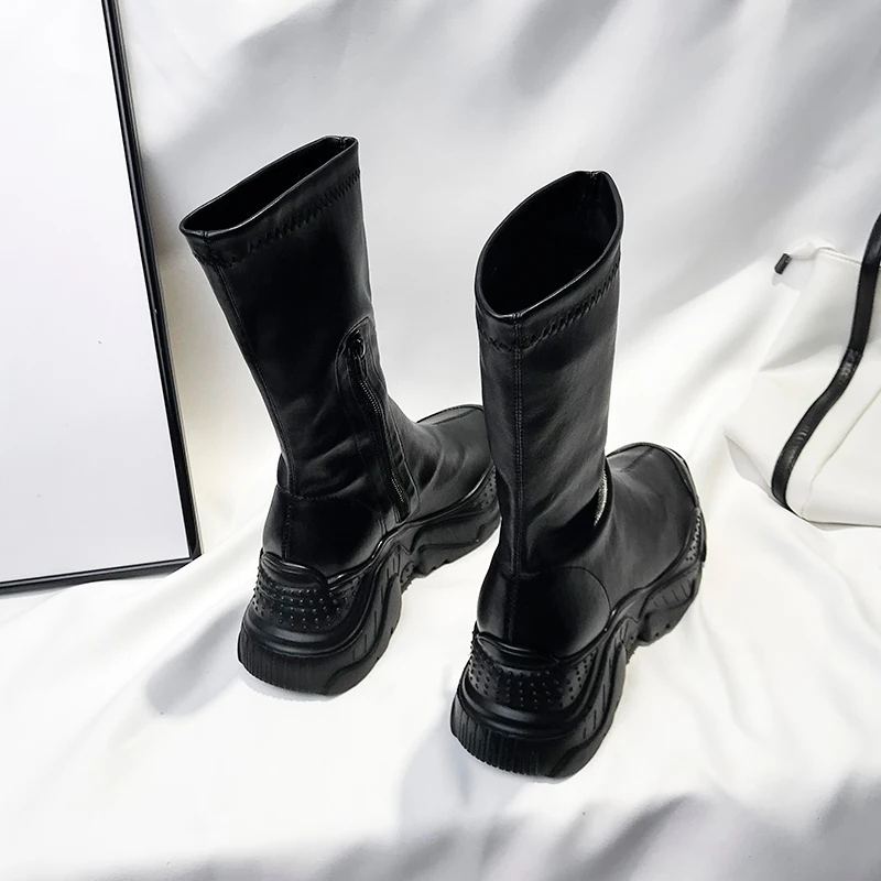 С волнообразным краем Zapatos De Mujer 2019 зимние Черная женская обувь модные сапоги