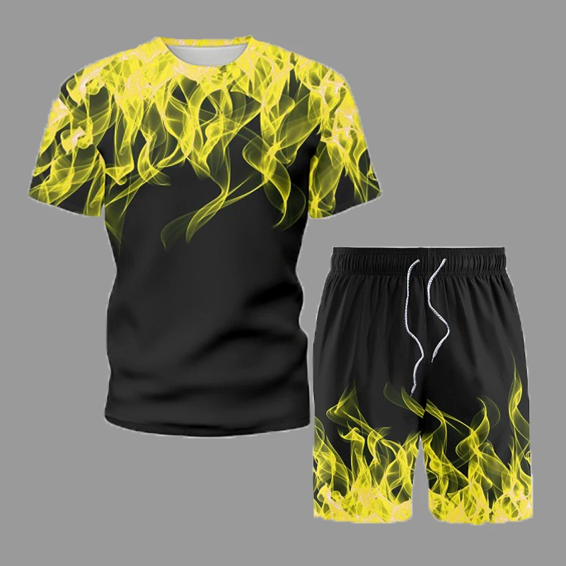 

2021 Summer Pop Men Sets 3d Flame Short Sleeve T-Shirt Shorts 2 Piece Set Fitness Casual Clothes Tee Tops Can Be Sold Separately