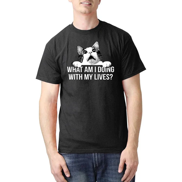 

Mens Black Cat T-Shirt Large Sized, Animal Themed Graphic Tee Shirt Short Sleeve Kitty Kitten 9 Lives Scared Humor