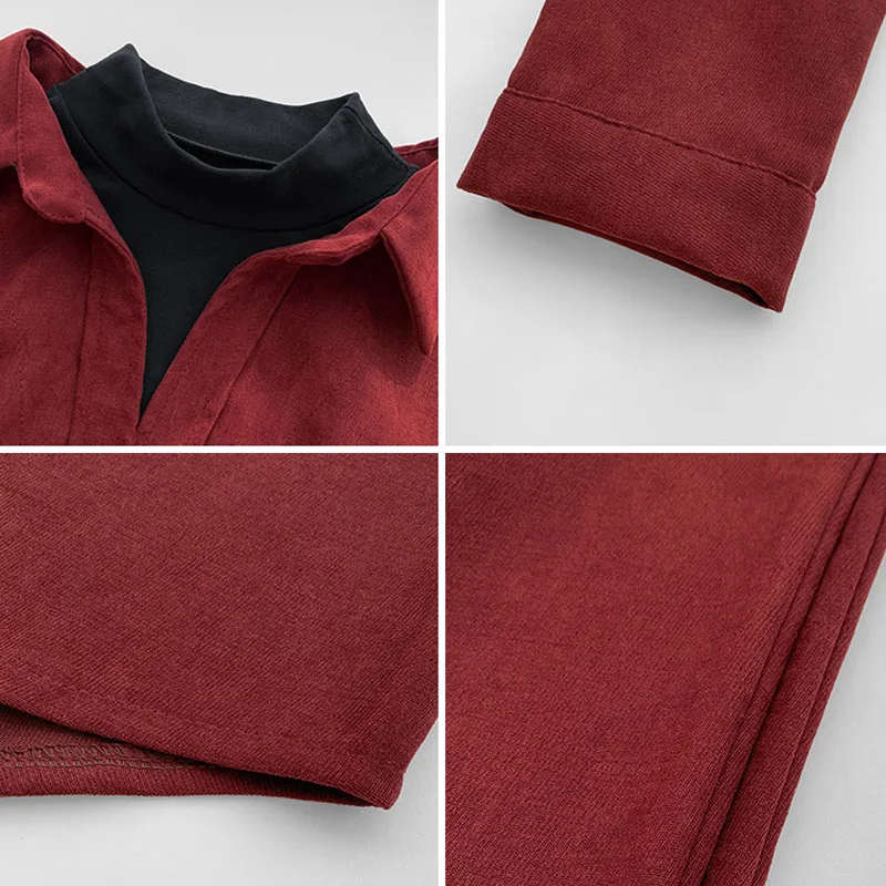 

CYJR Corduroy Blouses Fake Two Pieces Shirt Plus Size Clothing for Women Blouses Tops Vintage Korean Solid Red Yellow Casual