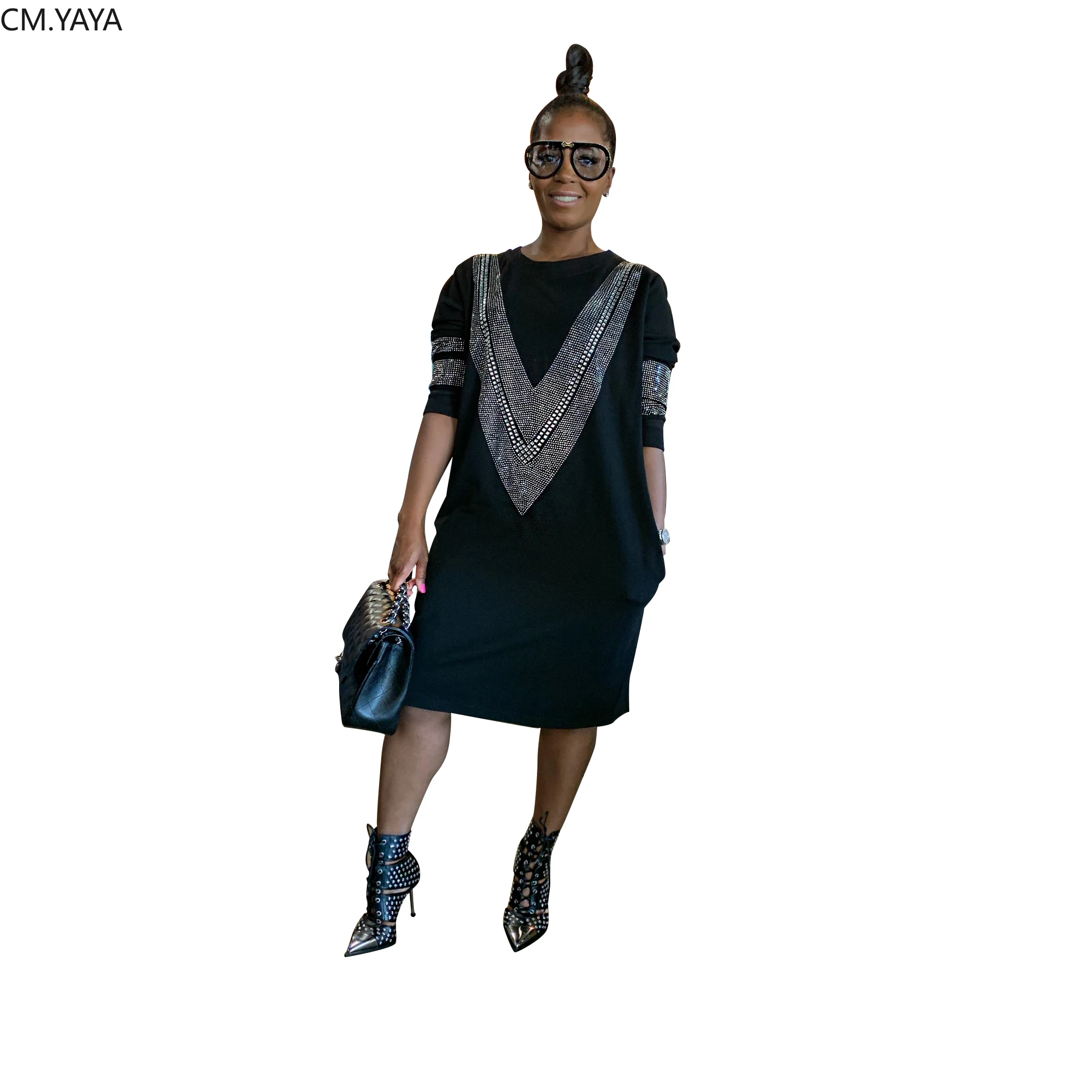 Женское платье-миди с круглым вырезом длинным рукавом до колена | Женская одежда