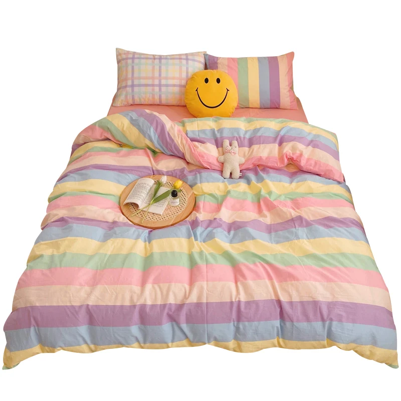 

Kawaii Fashion Rainbow Bedding Set 100% Cotton Flat Bed Sheet And Pillowcases Luxury Korean Style Princess Full Queen Bed Sets