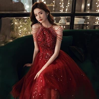 luxury sexy halter evening dresses long 2021 wine red diamond beading sleeveless handmade beaded lace appliques tulle party gown