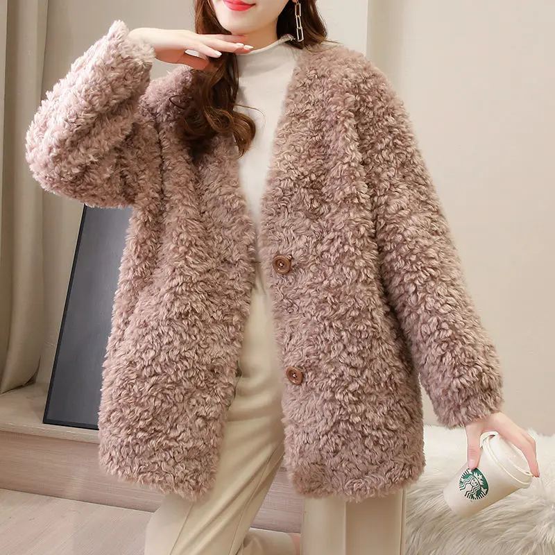 Women 2023 Autumn Winter New Fashion Real Lamb Wool Coat Natural Fur Jacket Female Long Sleeve Granule Warm Outerwear X836