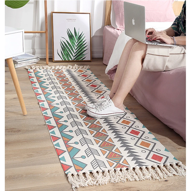 

Bohemia Ethnic Style Cotton Linen Soft Carpet Handmade Tassel Rug Living Room Bedside Floor Mat Pad Home Boho Decoration