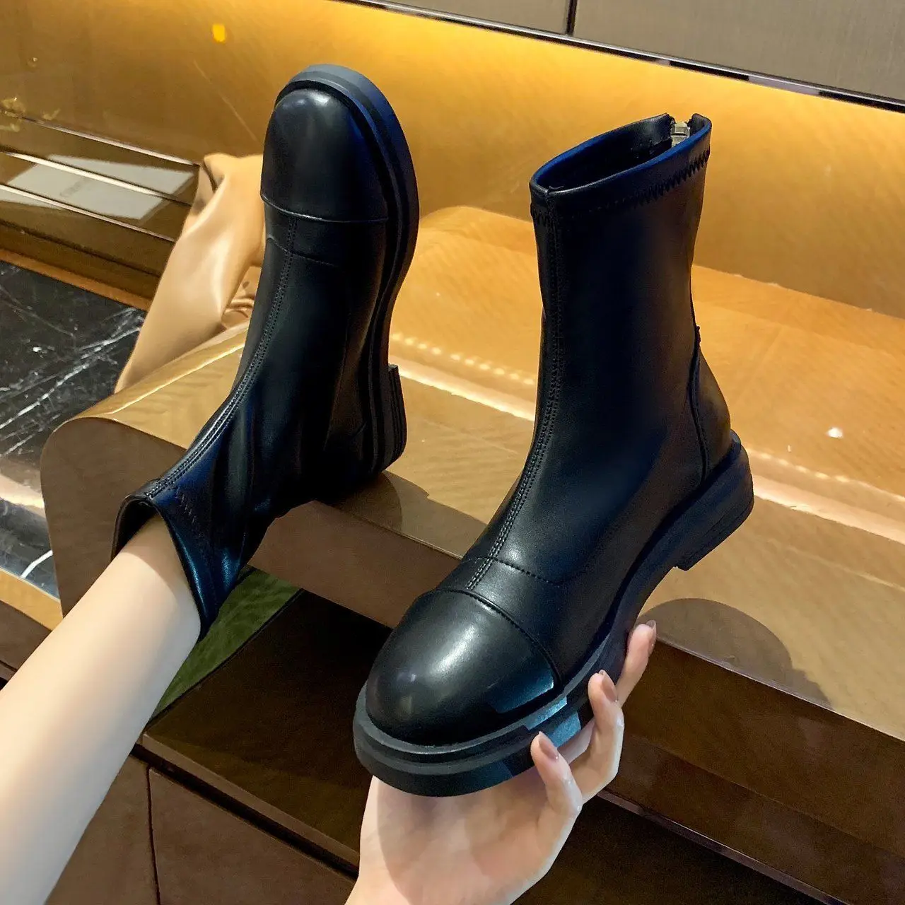 

Chelsea Women Boots Round Toe Solid Color Heel Zipper Increased Short Boots Polyurethane Short Tube High Quality Naked Boots