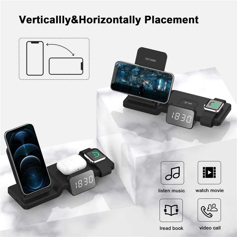 

Wireless Charger For Apple Watch 6 5 4 3 2 Airpod Fast Charging Dock Station For IPhone 8 Pus X XS XR 11 Pro MAX 12 With Clock