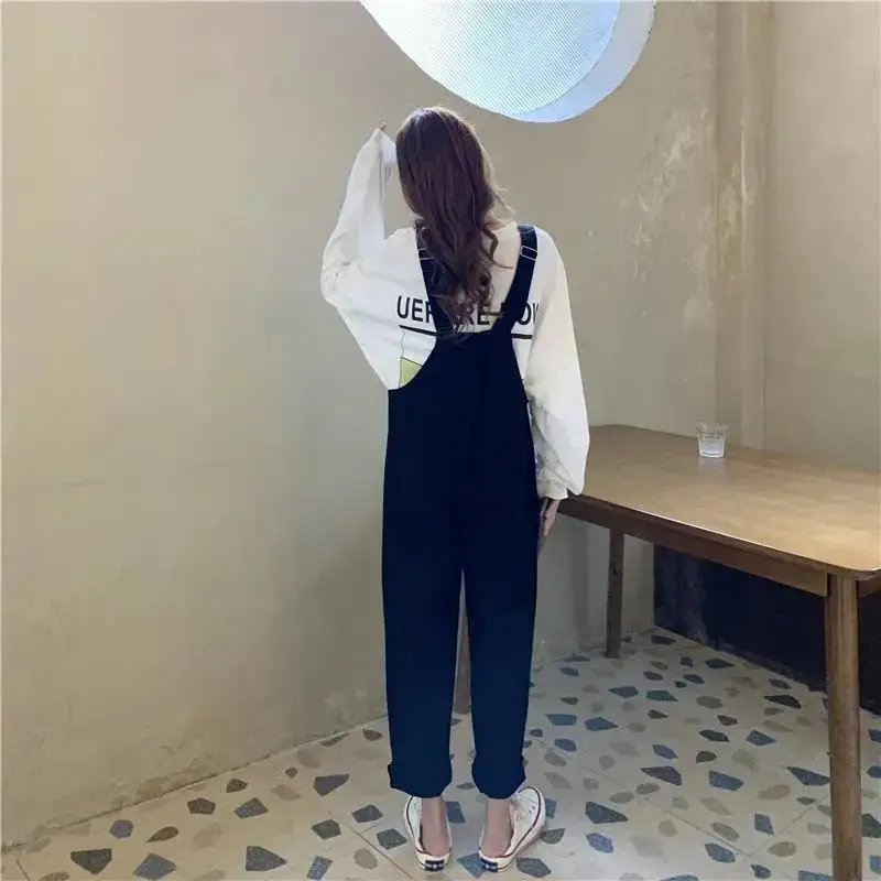 Denim Jumpsuits Women Loose Straight Fashion Streetwear Students Overalls All-match Preppy College Chic Korean Suspender Trouser |