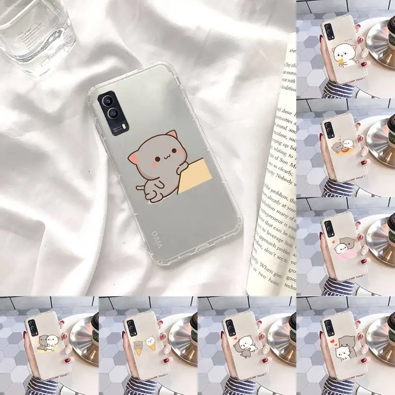 

Peach cat Phone Case Transparent For VIVO S 9 7 6 IQOO NEO 7 5 3 Z3 Z1 X E pro Soft TPU Clear Mobile bags
