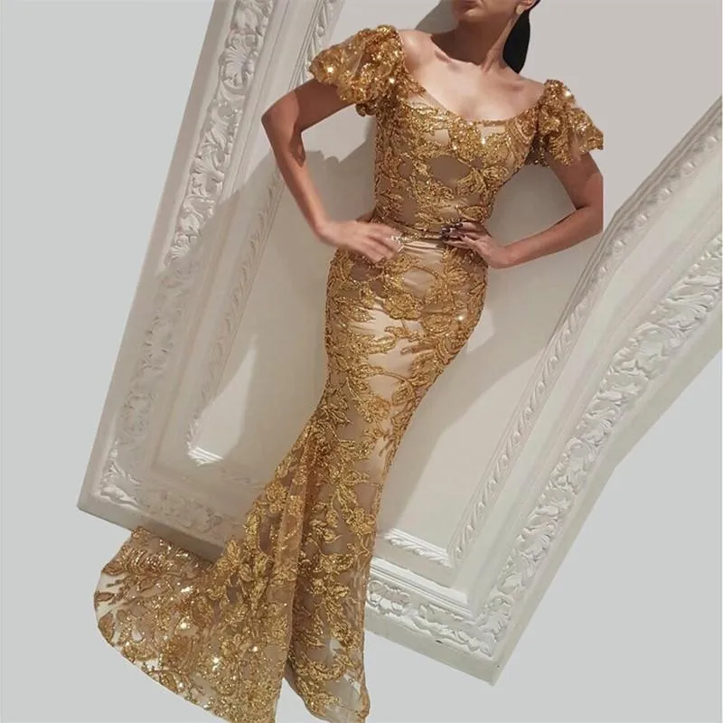 Блестящие золотые вечерние платья русалки сексуальное платье с коротким рукавом