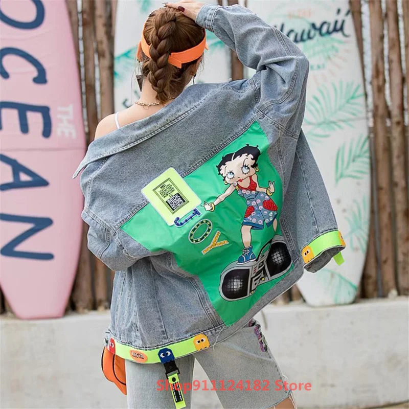 

European Goods Trendy Brand Denim Women's Spring 2021 New Heavy Industry Beaded Patch Cartoon Cardigan Long-Sleeved Jacket