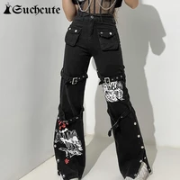 suchcute gothic bandage women baggy jeans aesthetic harajuku cartoon print black denim trousers dark academia hight waist pants