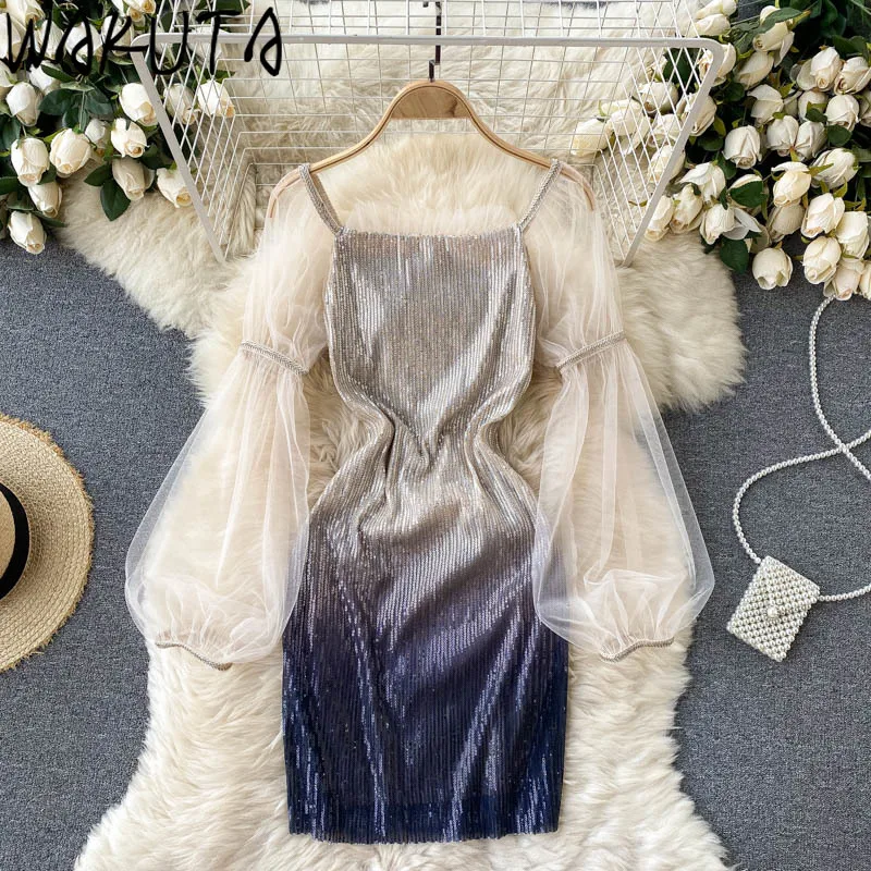 WAKUTA с блестками Наряд для облегающее мини платье женское элегантное винтажное