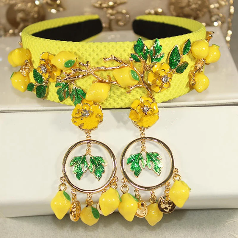 

New Hot Baroque fashion cute yellow lemon flower green leaves fruit headbands for women luxury vintage hair Earrings Jewelry