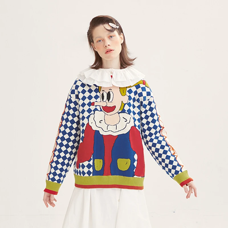 Женский хлопковый свитер в клетку свободный плотный вязаный жаккардовый пуловер