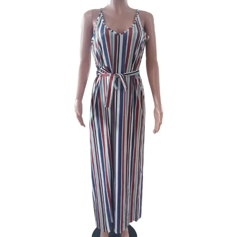 

Trevor Women V-Neck Striped Sleeveless Dress Ladies Lace Up Party Long Maxi Dress