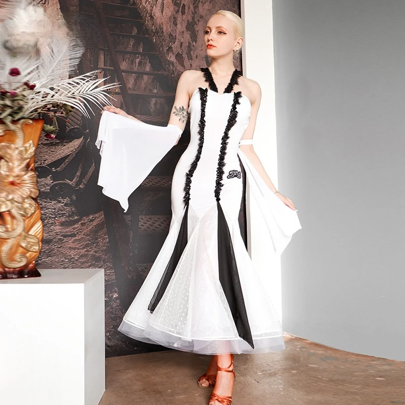 

Summer New Fashion Women Modern Dress Sleeveless Lace Fishbone Outfit Dance Competition Performance Party Show Stage Costume