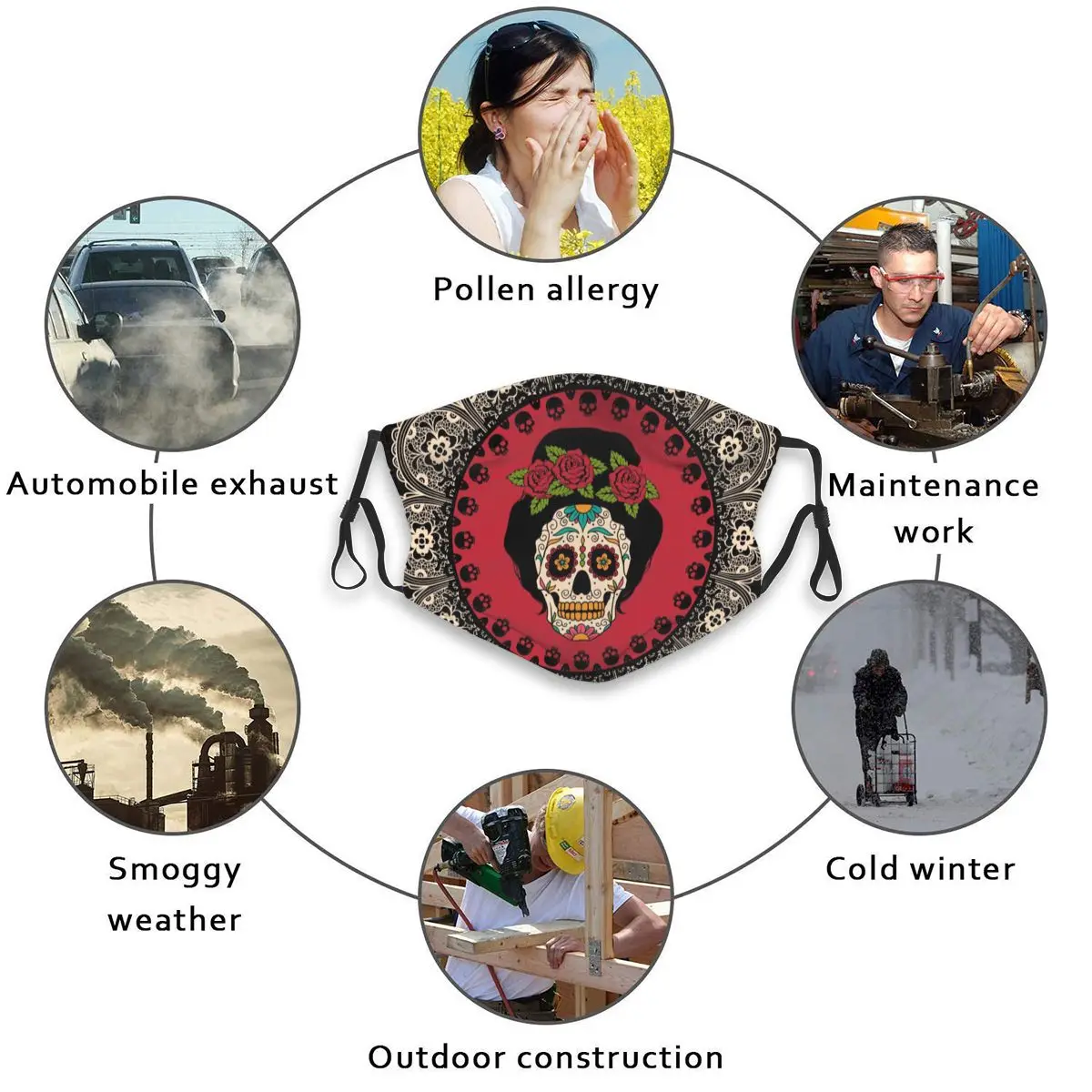 

Frame With Mexican Skull Woman Face Mouth Mask Cover Anti Dustproof Washable Reusable Adult Mouth Masks Mascarilla
