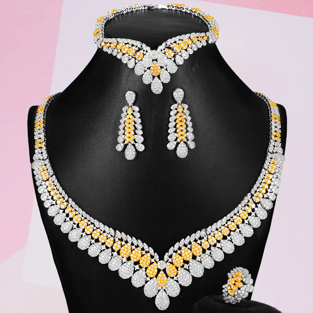 

4PCS Women Wedding Party Zirconia Indian Dubai Bridal jewelry sets Necklace Earrings Bangle Ring Waterdrop Leaf Shiny Noble Set