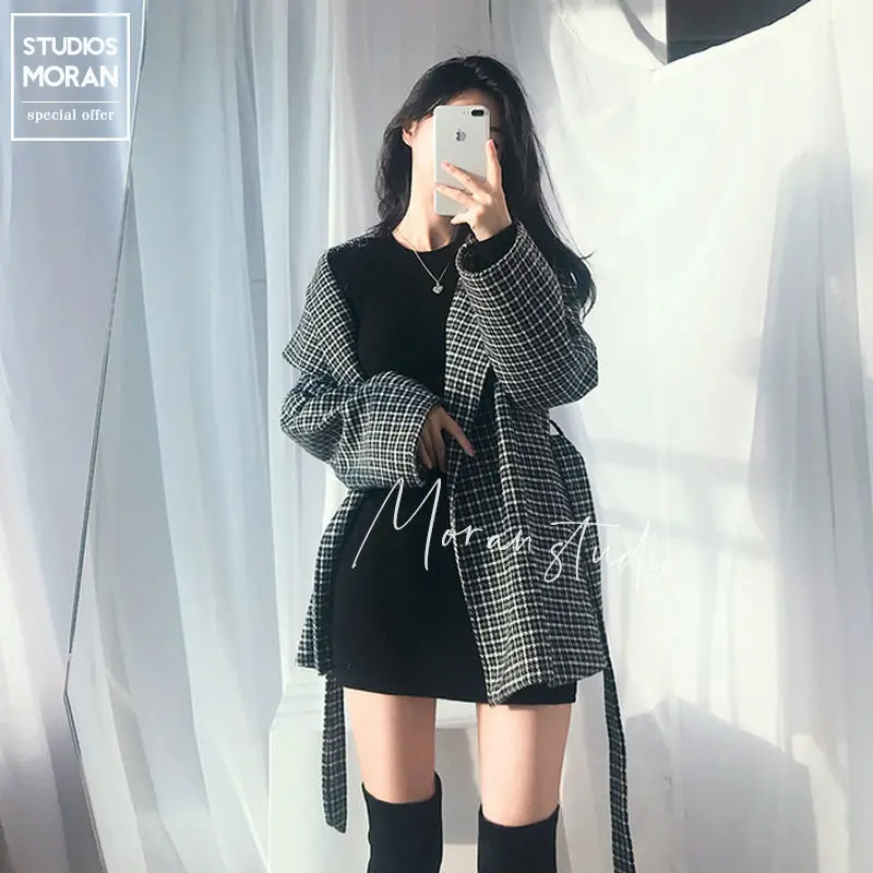 

2021 spring and autumn winter new Korean Plaid Wool Coat women's small casual suit medium long temperament coat