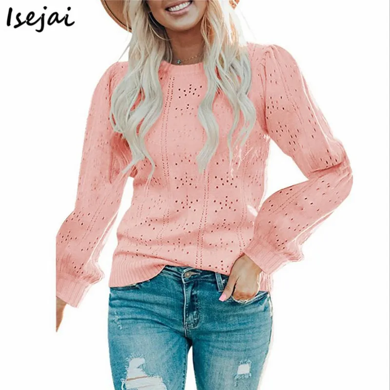 

2021 New Hollow Out Lantern Sleeve Sweater Women Autumn Spring Tops Women Pullover Jumper
