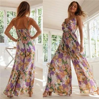 spring new style ruffled printed sling jumpsuit on chest lace up sexy trousers