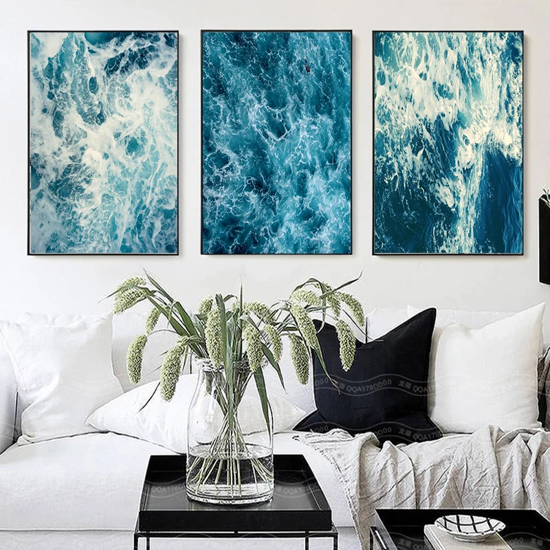 

Modern Blue Deep Sea Wall Art Canvas Prints Ocean Waves Pictures Oil Painting on Canvas Home Decoration for Living Room Decor