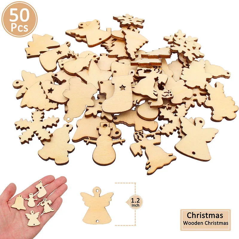 50pcs 05 50 шт., деревянные рождественские украшения, елочные украшения, Санта-Клаус, снеговик, олень, рождественские вечерние украшения для дома, подарок на год - Цвет: 50pcs 05