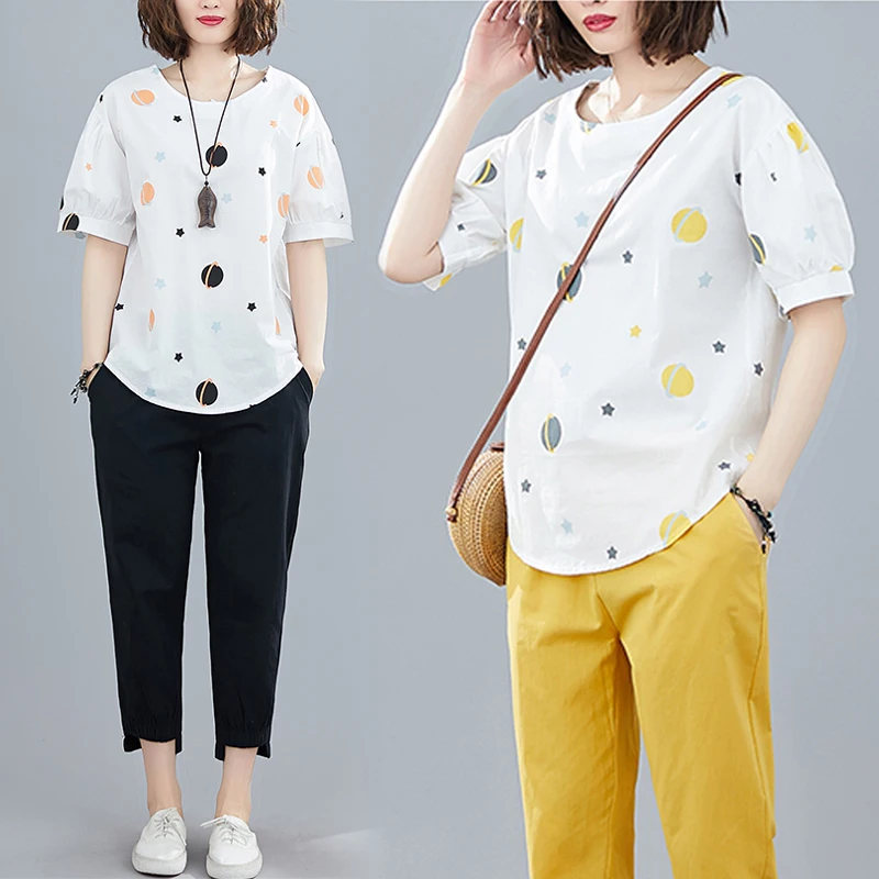 

Women Loose Short-sleeved T-shirt Fashion Harem Pants Calf-Length Trousers Suit Summer Large Size Casual Two-piece Suit Female