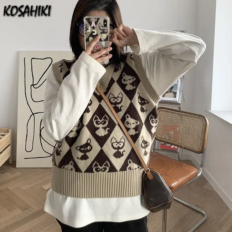 Женский трикотажный жилет koshiki милый жаккардовый свитер с котом и V-образным