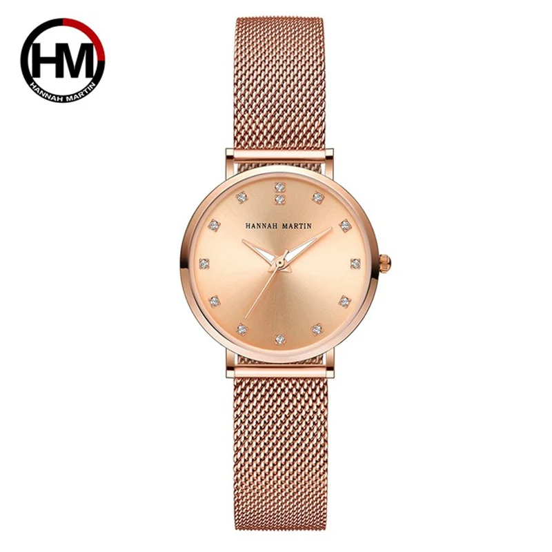 

Hannah Martin Ladies Watch Japanese Quartz Movement High Quality Watch For Women Stainless Steel Mesh Band Rose Gold Waterproof