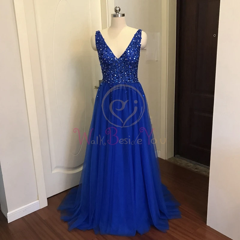 royal blue Бисероплетение Выпускные платья v-образный вырез Розовый Высокий разрез Тюль развертки поезд без рукавов вечернее платье А-силуэта на шнуровке с открытой спиной Vestido De - Цвет: royal blue