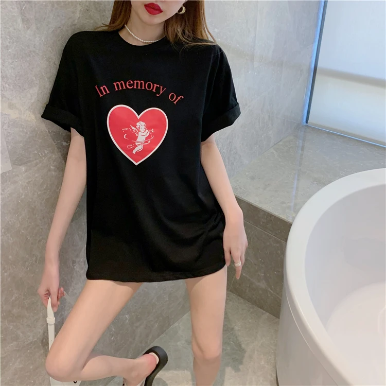 

New Arrival Summer Short Sleeve Tops Tees Letters Print Angle Gilrs Long Loose Style Woman T Shirts YOU372