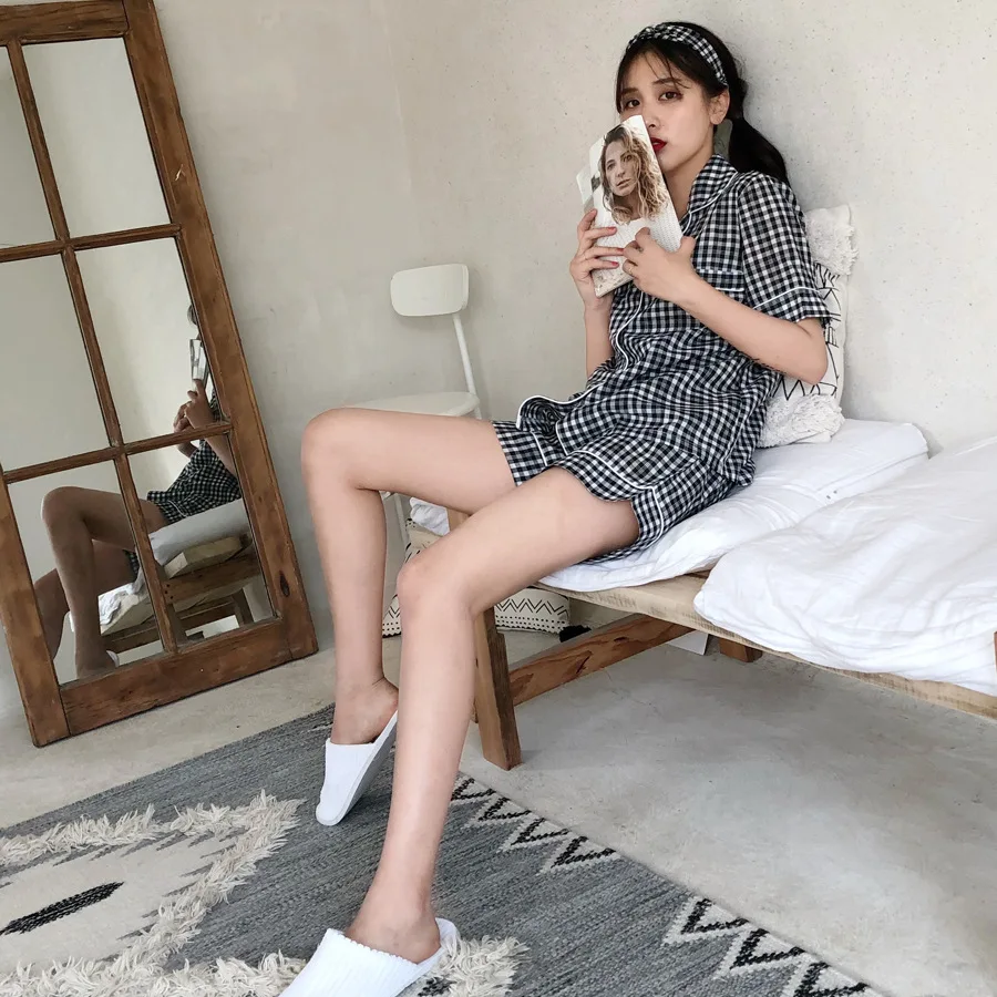 2021 New Comfortable Pajamas Women's Short Sleeve Shorts Plaid Home Suit Female Sleepwear Sleeping Wear Lady Nightwear Lingerie