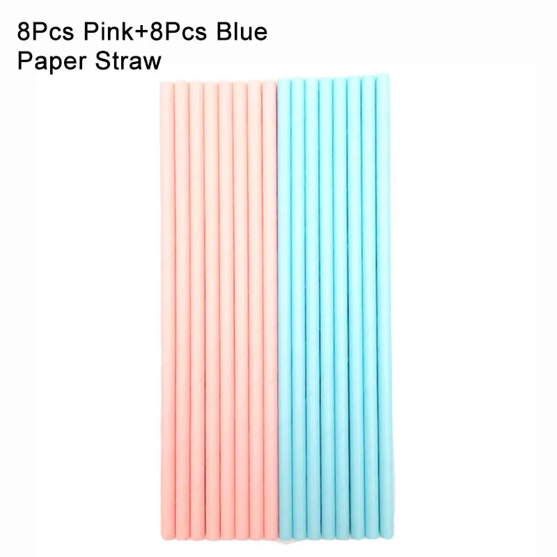 16pcs paper straws Набор одноразовой посуды для мальчиков и девочек, детская душевая пластина Салфетка скатерть, вечерние украшения - Цвет: 16pcs paper straws
