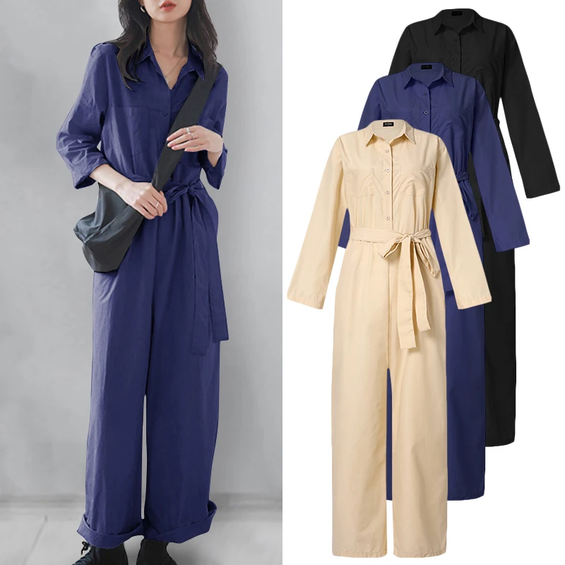 

Solid Long Playsuits Casual Lace Up Spaghetti VONDA Rompers Women Jumpsuits 2021 Autumn Lapel Long Sleeve Office Overalls S-5XL