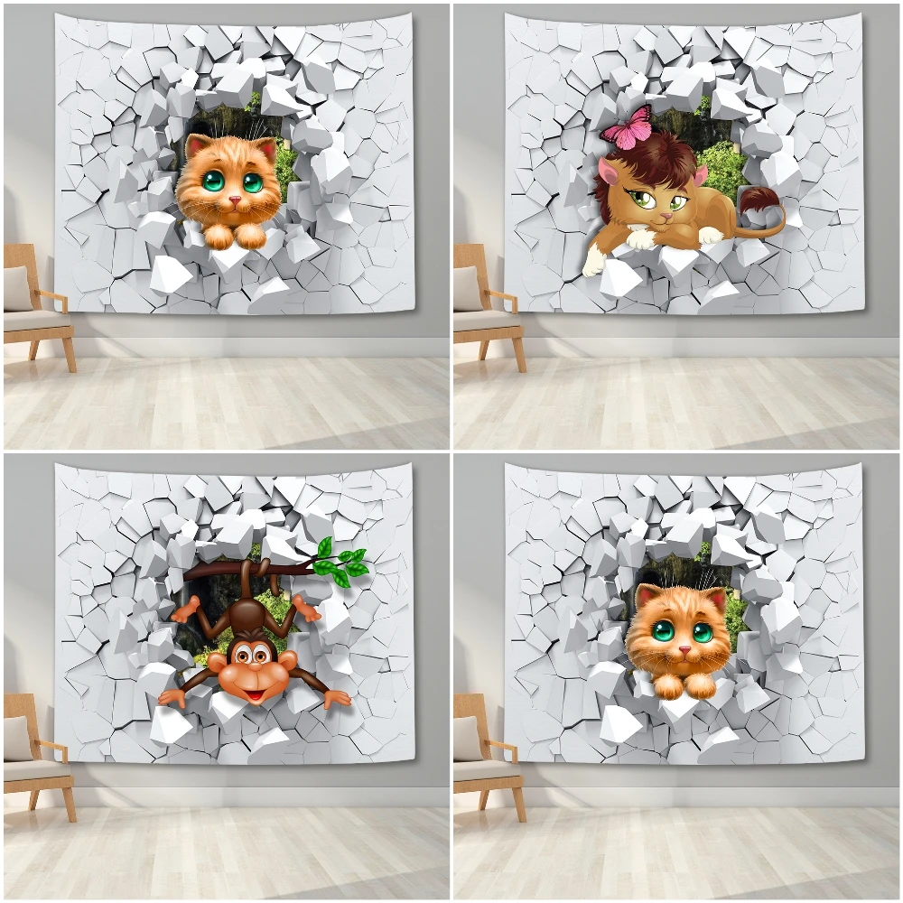 

Настенный гобелен с милым рисунком животных, 3D тканевый фон для стены с повреждениями, домашний декор для спальни, гостиной, настенное одеял...