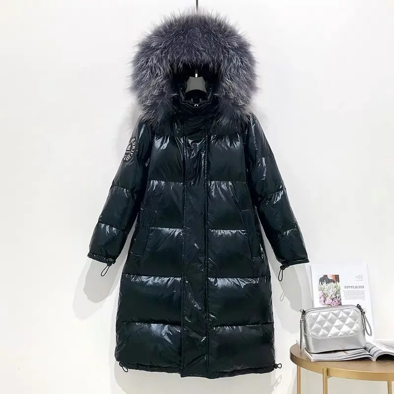 Белый пуховик на утином пуху Женское зимнее пальто с капюшоном длинная пуховая