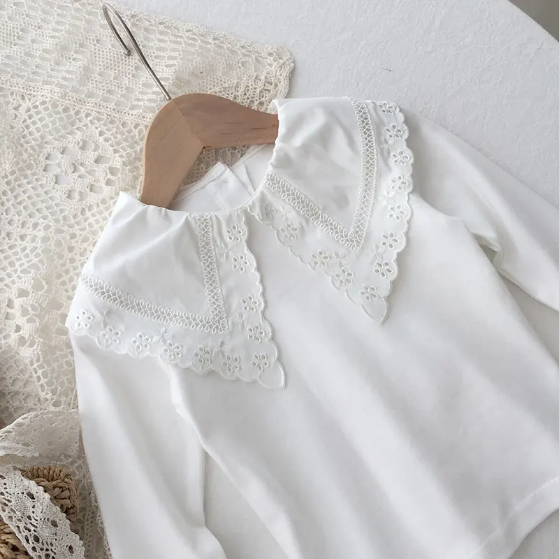 

2021 Girls Lapel Long Sleeve T-shirt Children Lace Embroidered Top Kids Clothes Fall Boutique Outfits Baby Girl Boys Clothes