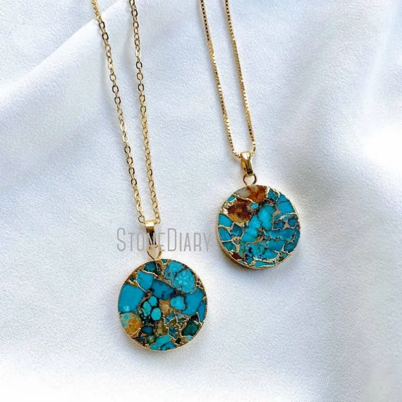 Золотое ожерелье NM36556 из необработанной бирюзы ожерелье-медальон круглой формы