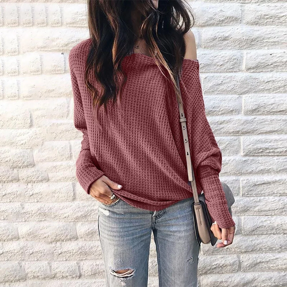 Pullover Sweater Women Loose Off Shoulder Sexy Ladies Slash Neck Knit Casual Tops Women's Solid Color Autumn Clothing | Женская