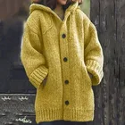 Женская зимняя Толстовка с длинным рукавом, однотонный вязаный крючком свитер на пуговицах, куртка, свободная туника, кардиган