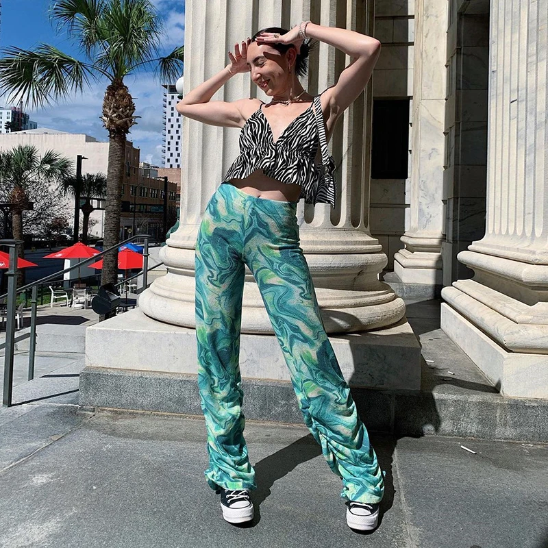 

Comfortab Printed High-waisted straight slacks for summer 2021 fashion new women's green Party baggy pants Necessary to travel